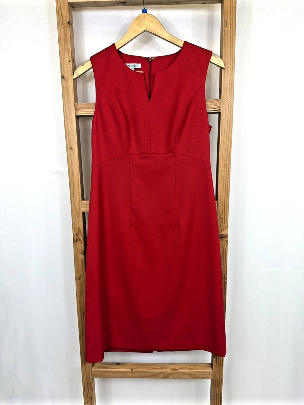 Pendleton Virgin Wool Red Sleeveless Zip Up Lined Pencil Dress Made USA Size XS